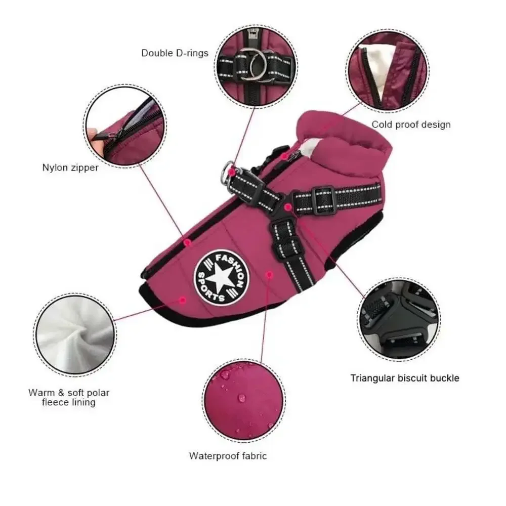 Large Pet Dog Jacket with Harness Winter Warm Dog Clothes for Labrador Waterproo